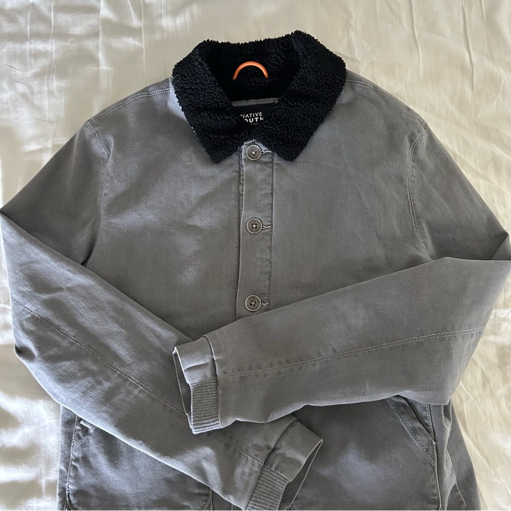 Men’s Gray Sherpa Workwear Jacket Fur Collar